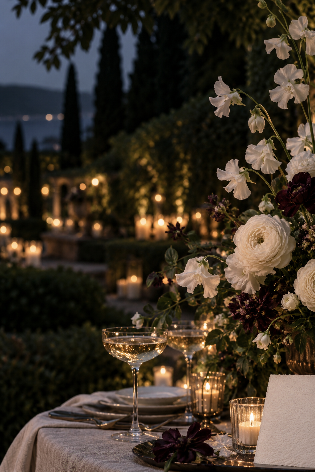 An elegant candlelit garden table with ivory and plum flowers